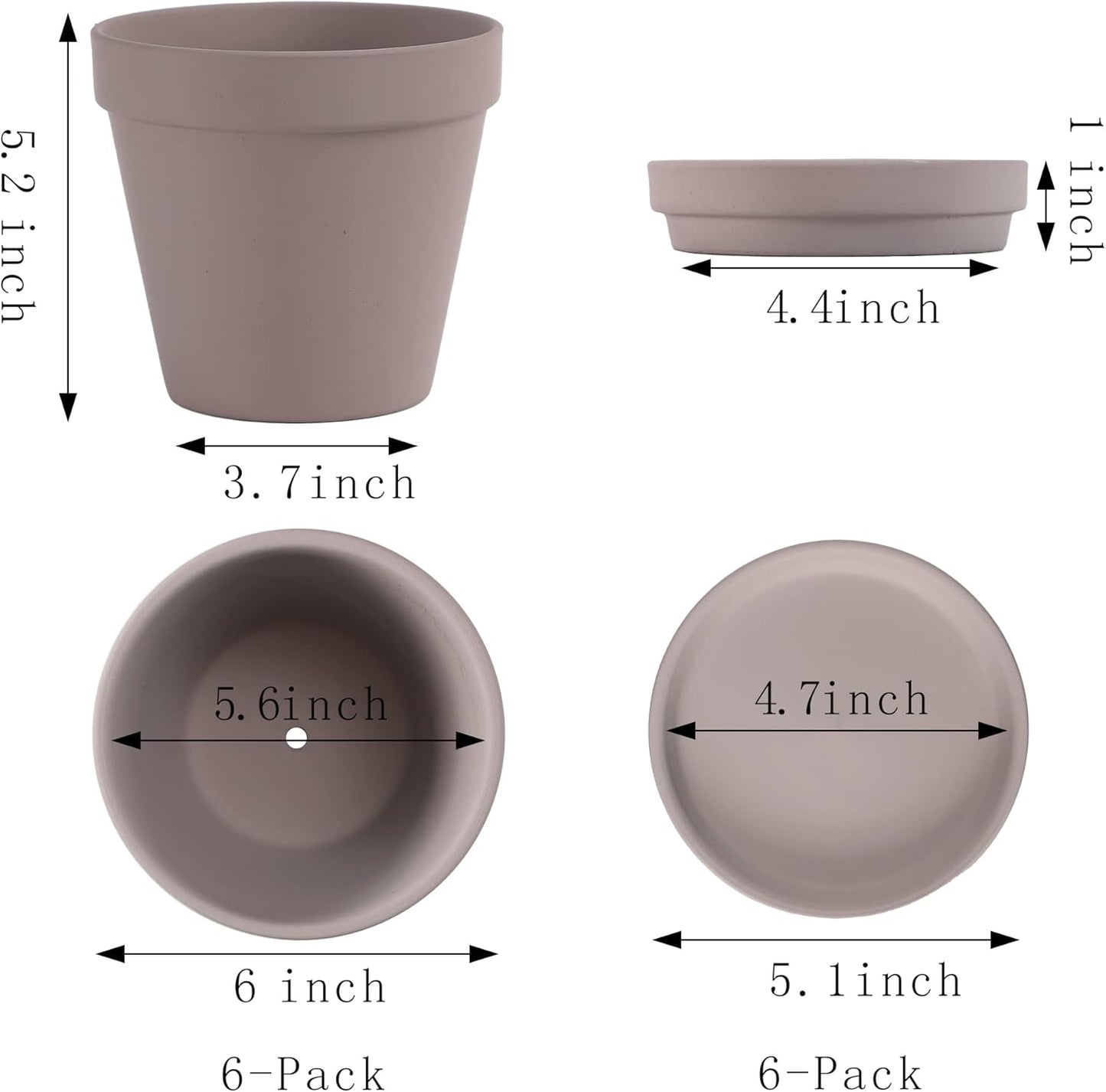 Yishang Large Terra Cotta Pots with Saucer- 4 Pack Large 6'' Terra Cotta Plant Pot with Drainage Hole, Flower Pot with Tray, Terracotta Pot for Indoor Outdoor Plant(Grey)