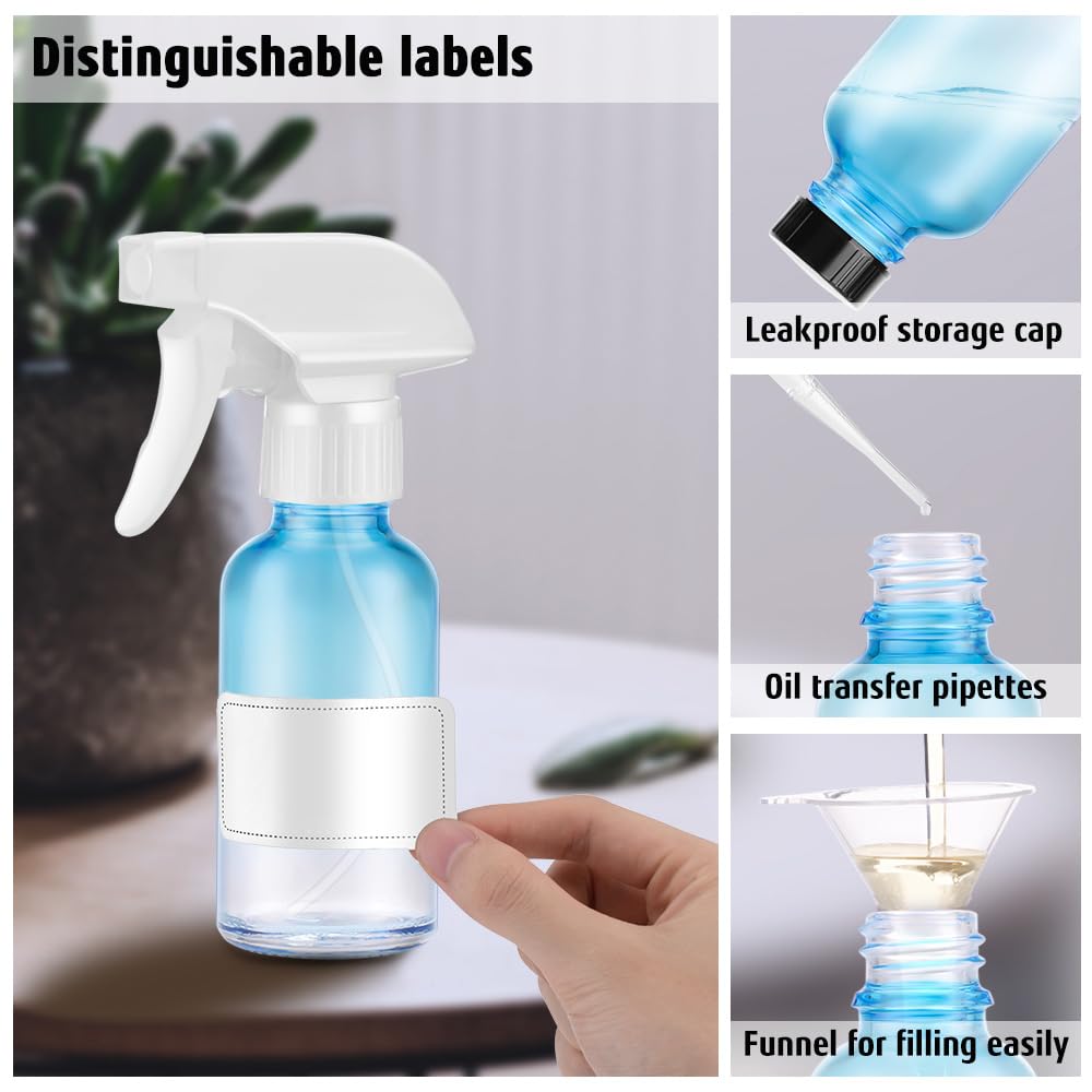Tecohouse Glass Spray Bottles 4 oz, 2 Pack Spray Bottles for Hair Empty Refillable Fine Mist Sprayer with Labels, Funnel, Pipettes Blue