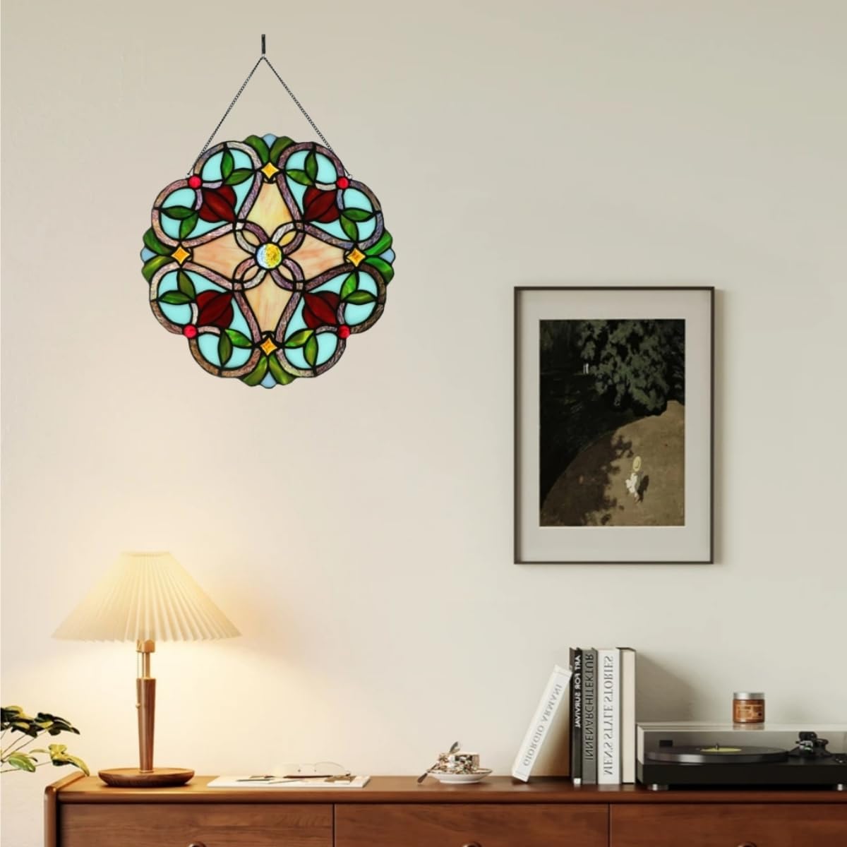12 Inch Round Stained Glass Window Panel Handmade Tiffany Style Ornament Flower Suncatchers for The Windows Or Wall