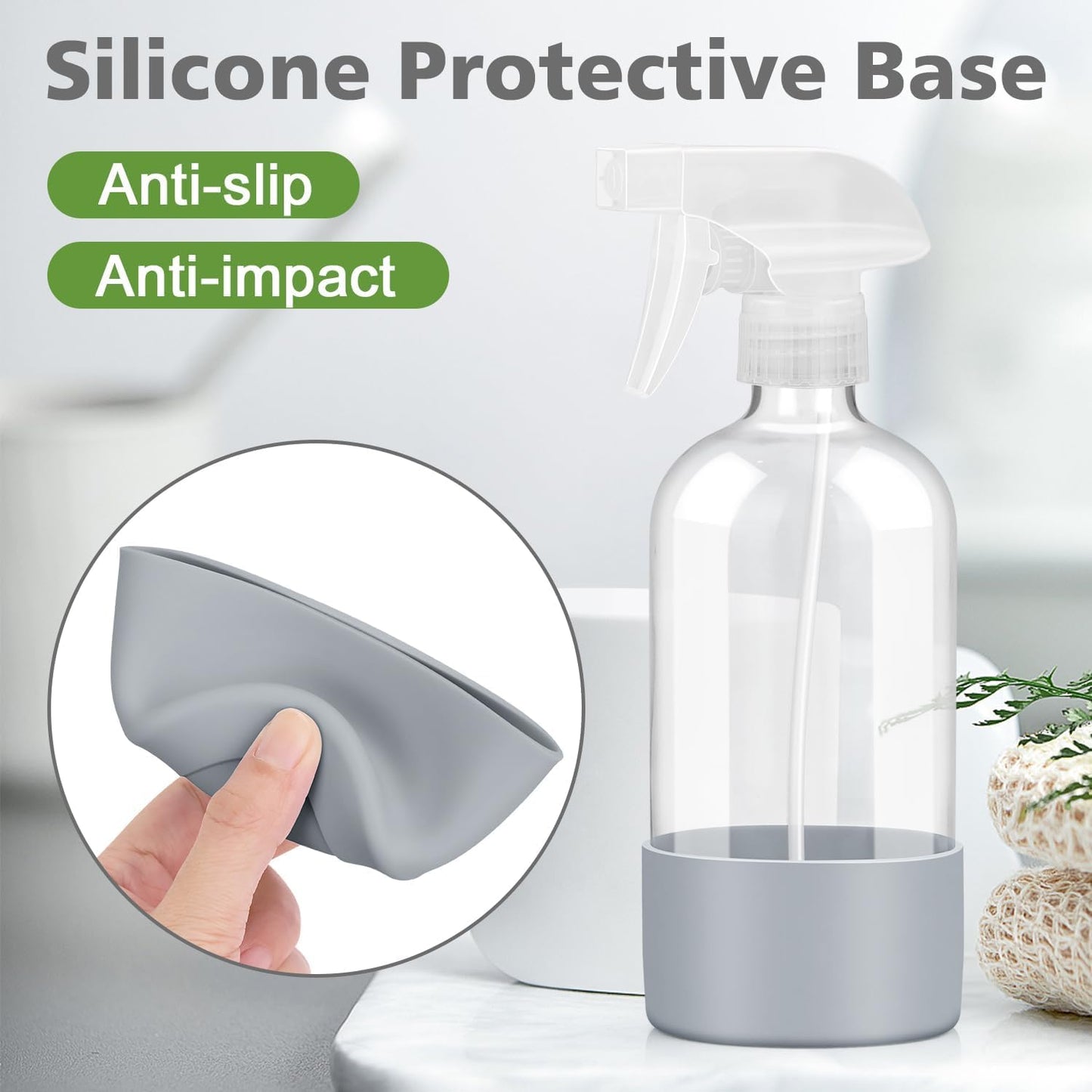 Glass Spray Bottles with Silicone Sleeve Protection, Empty 16 oz Refillable Containers, Reusable Spray Bottles with Adjustable Nozzle for Hair, Cleaning Solutions, 3 Pack Grey&Blue&Purple