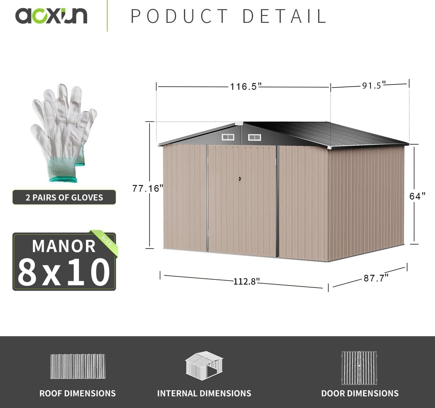 Aoxun 10x8 FT Outdoor Storage Shed with Double Hinged Large Door Utility Garden Shed with Lockable Door & Sloped Roof Metal Sheds Outdoor Storage for Garden, Backyard, Patio and Backyard, Brown