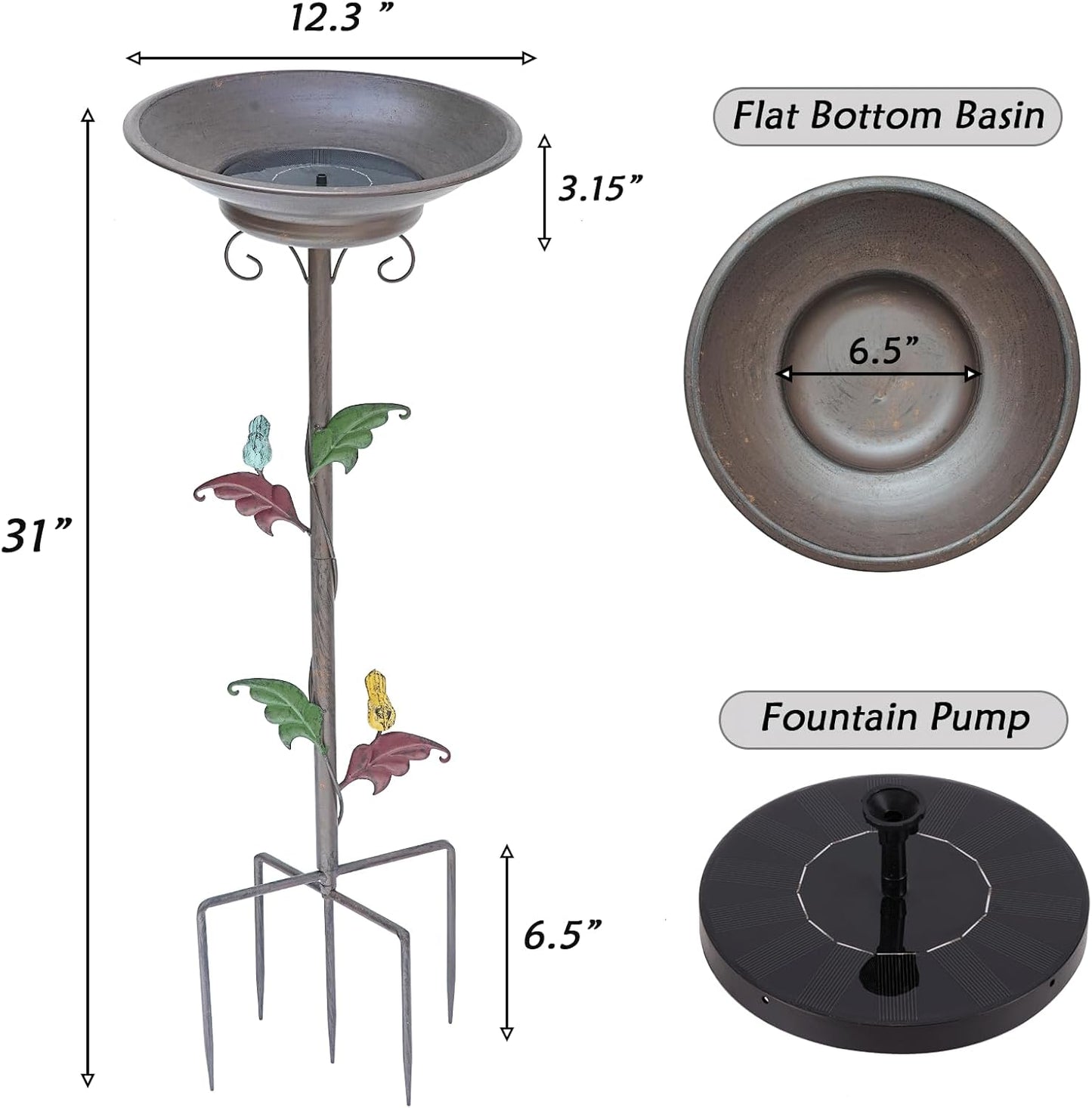 31”H Solar Bird Bath with Metal Stake, Metal Bird Bath Bubbler, Bird Baths for Outdoors with Solar Fountain for Outdoors Garden Yard Decor