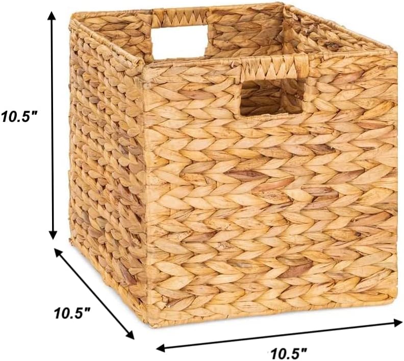 10.5 x 10.5 Storage Cubes – Water Hyacinth Wicker Baskets for Organizing, Wicker Storage Cubes, Storage Baskets for Shelves (4 Packs 10.5in)
