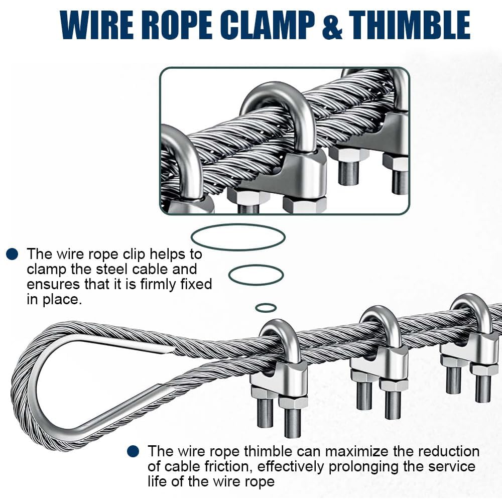 1/4" Wire Rope Kit, 50ft Stainless Steel Cable with 4Pcs 1/4 Turnbuckle, Clamp & Thimble, 7x19 Strands Heavy Duty Metal Cable,1400 lbs Load Limit, Turnbuckles for Cables Wire, Zipline