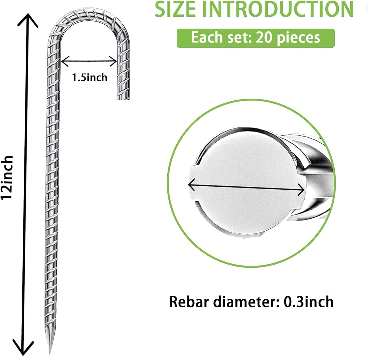 Rebar-Stakes-12-Inch, Ground Stakes Heavy Duty for High Winds Galvanized Anti-Rust J Hook 20pcs Metal Stakes for Ground Heavy Duty Ground Anchors for Garden Dog Fence Chicken Coop Water Pipe