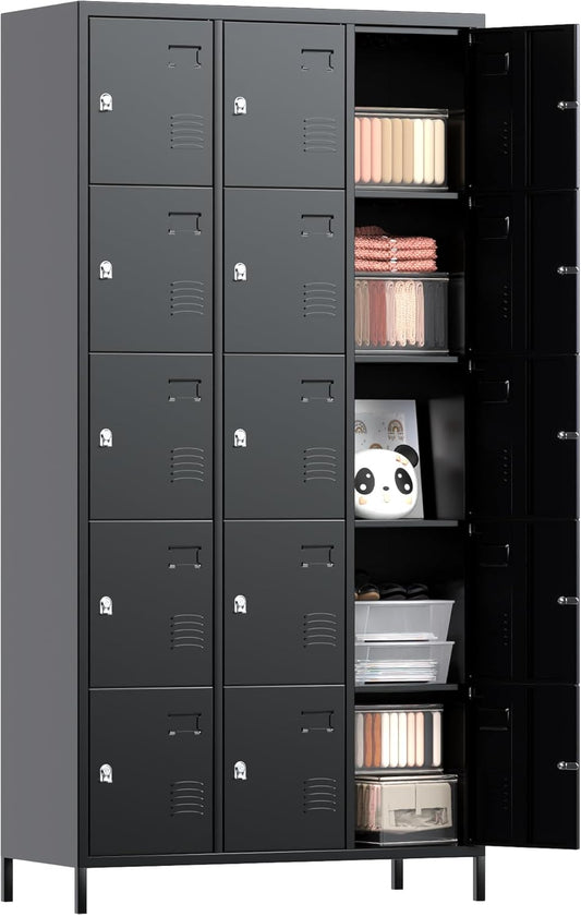 Aobabo 15 Doors Metal Storage Locker for Employees, Locker with Lock and Metal Leg for School Office Gym, Industrial Steel Storage, Black, Assembly Required