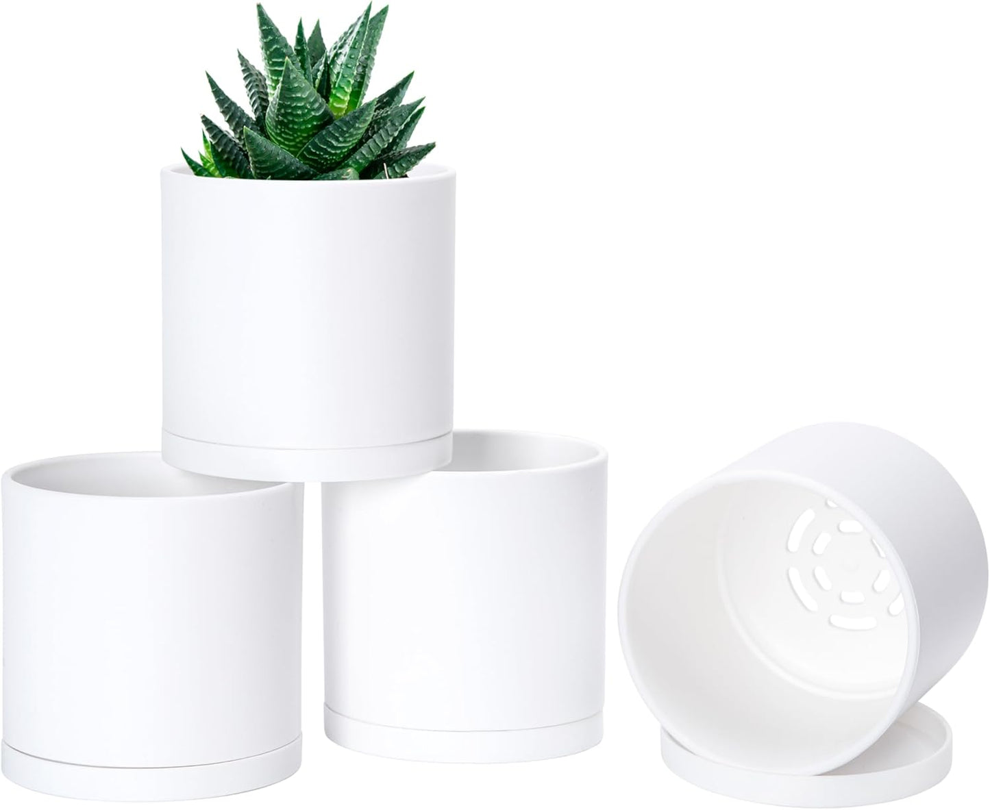 D'vine Dev 4 Pack 4 Inch Modern Plastic Plant Pots, Small Garden Planters for Plant with Drainage Holes and Saucers, White Color, 74-Z-E-2