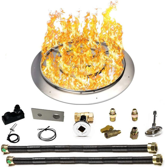 Stainless Steel Fire Pit Burner Pan & Ring Deluxe Kit for Natural Gas, 36-Inch Pan, 30-Inch Ring, 200,000 BTU Max