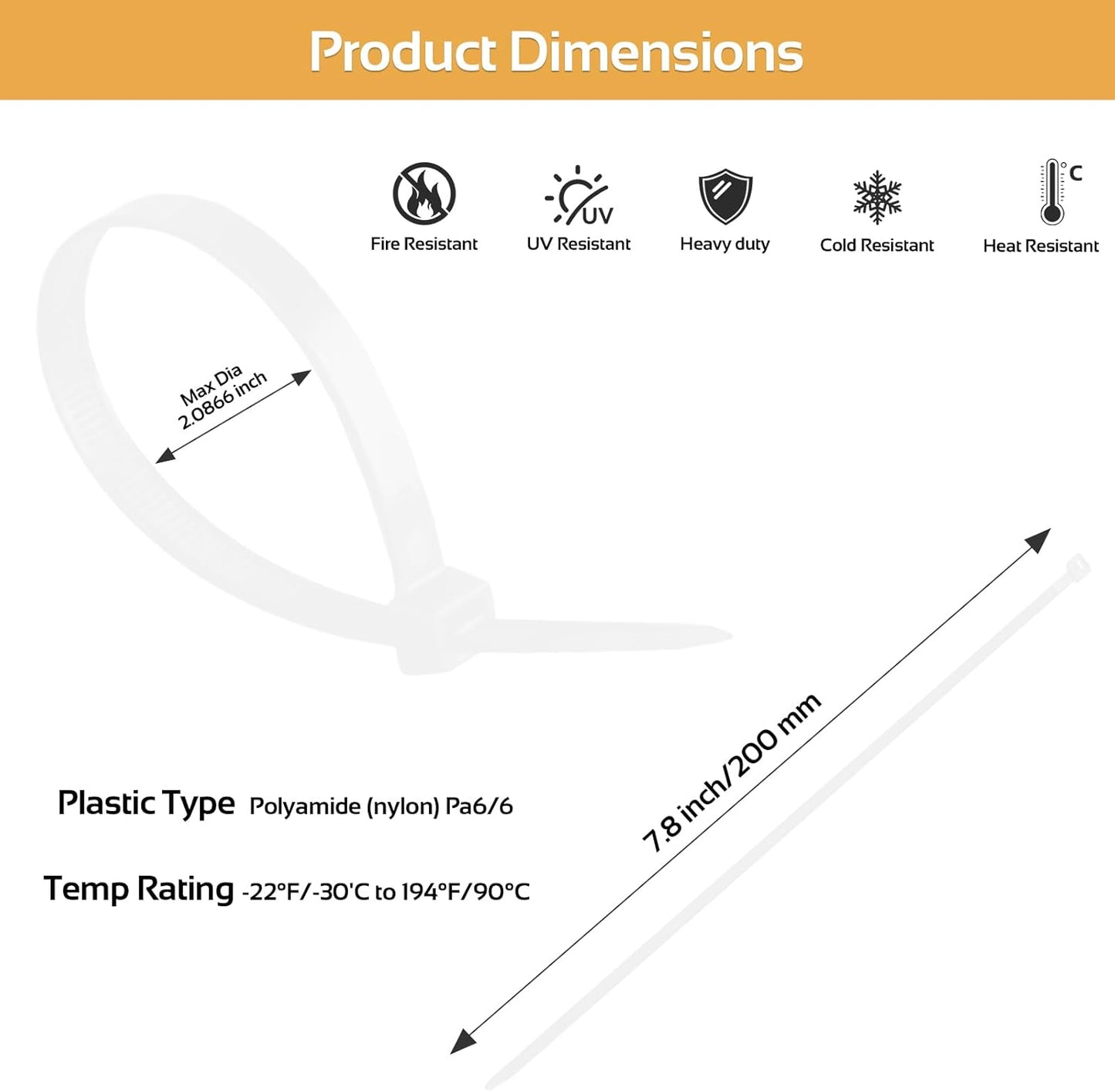 5000pcs 8Inch White Cable Tie,Nylon Zip Ties,Industrial Grade,50 Pounds Tensile Strength,UV Resistant,Heavy Duty,for Home,Garden Trellis,Office,Garage and Workshop