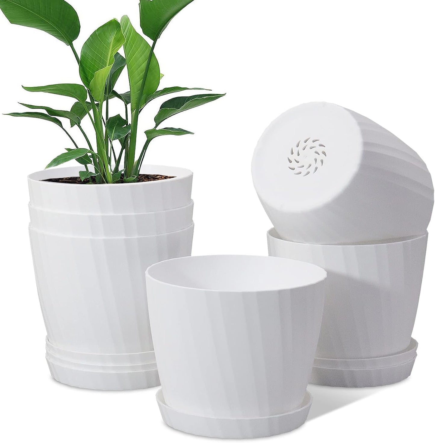 6 Inch Plant Pots Bulk, 6 Pack Plastic Planters with Drainage Holes and Saucers for Indoor Outdoor House Plants and Flowers, White