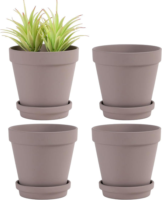 Yishang Large Terra Cotta Pots with Saucer- 4 Pack Large 6'' Terra Cotta Plant Pot with Drainage Hole, Flower Pot with Tray, Terracotta Pot for Indoor Outdoor Plant(Grey)