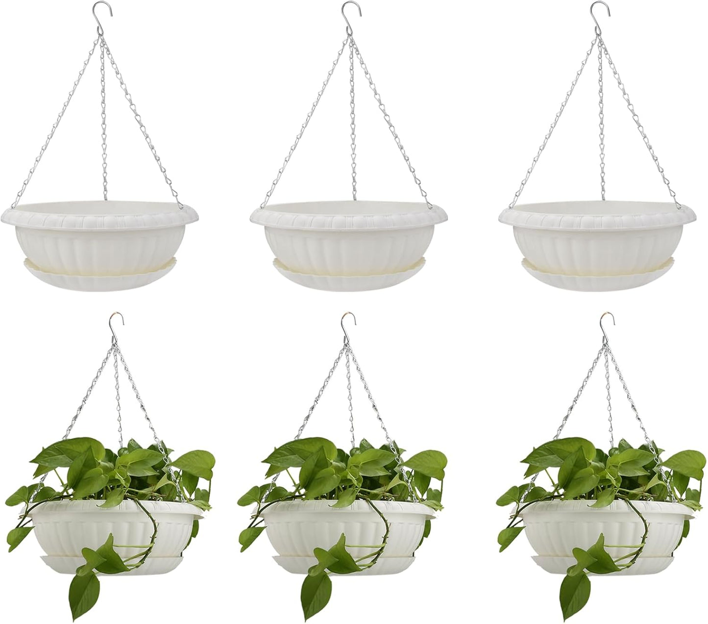 10.63in Hanging Planter Pots for Outdoor and Indoor Plants Flowers with Drainage Hole Tray Hooks Plastic Plant Baskets for Garden Home Porch (White, Pack of 6)