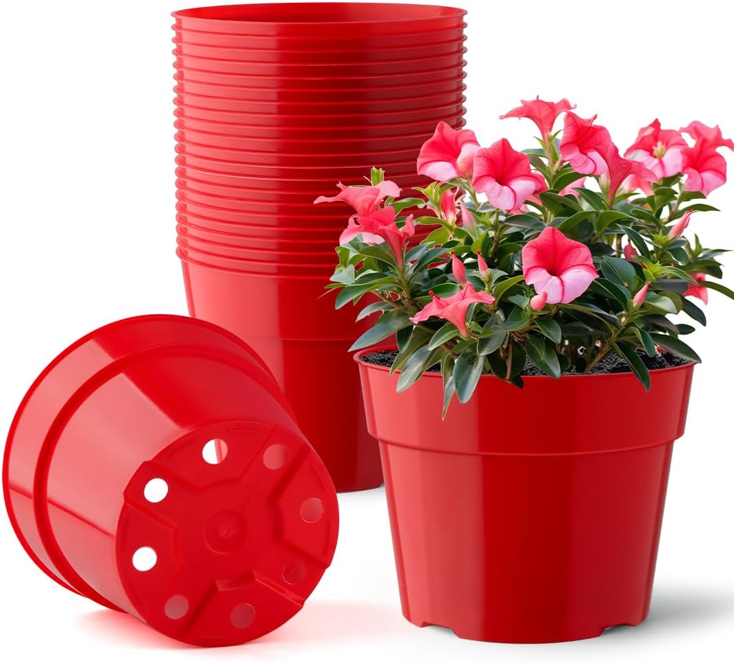 20 Pack 6 Inch Plant Pots, Thickened Plastic Flower Pots with 20 Pcs Water Collecting Trays, 20 Soil Block Mesh Pads, Red