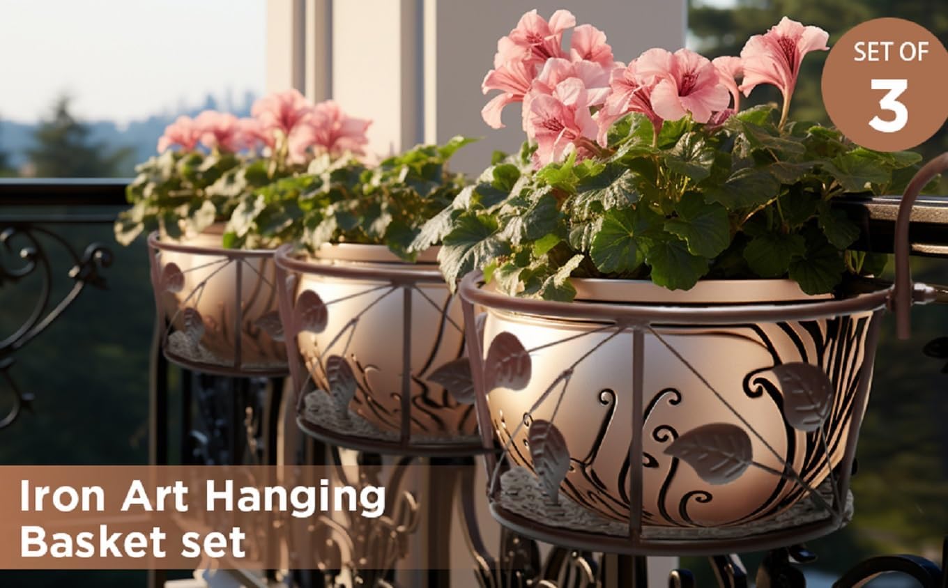 Hanging Railing Planter Flower Pot Holder Baskets Iron Art Hanging Baskets Flower Pot Holder Hanger Potted Plants Rack Plant Iron Racks Over The Rail Fence for Patio Balcony Porch