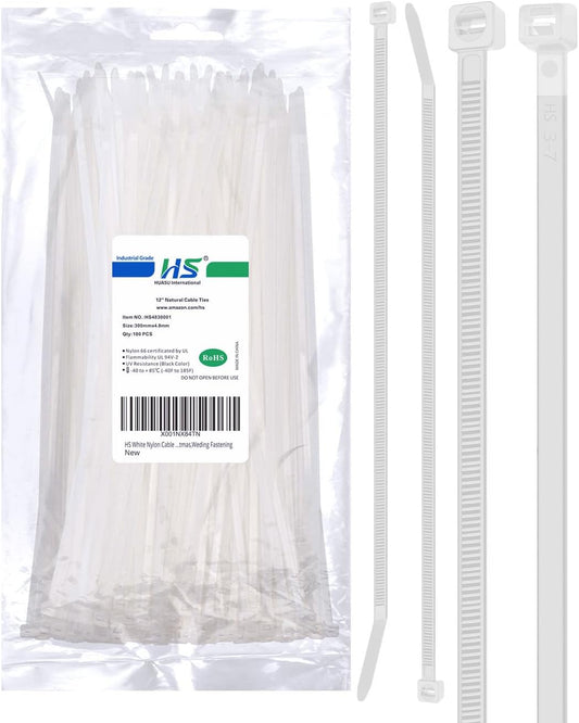 HS Long Zip Ties 12 Inch Clear 0.19" Nylon Cable Ties Heavy Duty 50 Lbs Strength Strong for Privacy Fence Outdoor,Electrical Plastic Tie Straps Weather Resistant 100 Pcs White