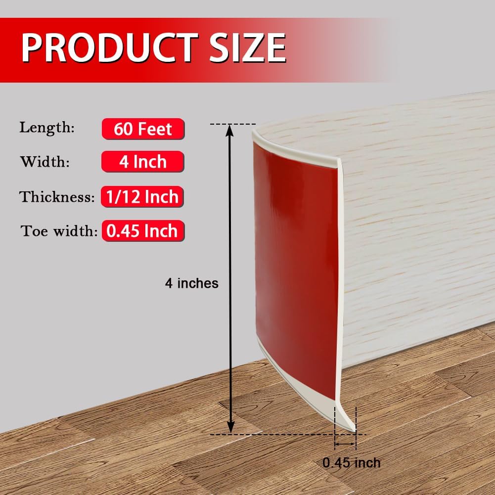 Vinyl Wall Base Baseboard Molding Trim 4" Flexible Self Adhesive Rubber Wall Base Moulding Trim Peel and Stick Design, 4 Inch x 60 Feet, Beige Wood Grain