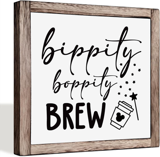 Bippity Boppity Wood Plaque Sign, Box Wood Plaques Desk Décor, Rustic Wooden Coffee Table Sign, Kitchen Home Decor, Tabletop Decor Sign, Coffee Lover Gift, Disney Lover Gift 9.9×9.9inch