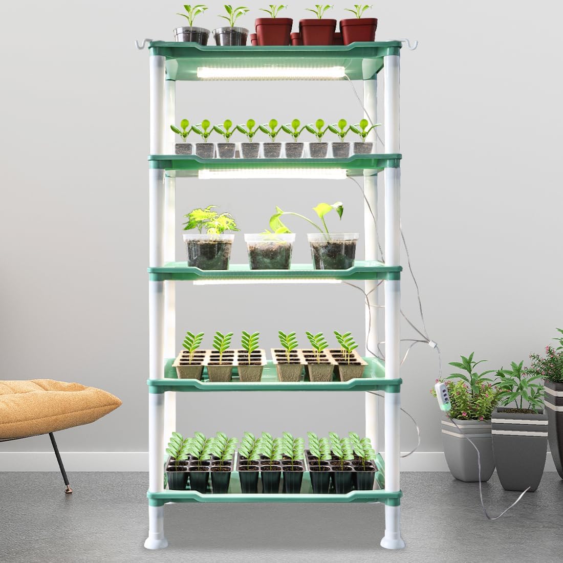 Tabletop 5-Tier Seed Starting Kit Germination Tray - Plant Stand with Grow Lights Full Spectrum Sunlike Plant Light for Indoor Plants, Greenhouse, Succulents, Seedlings Gardening