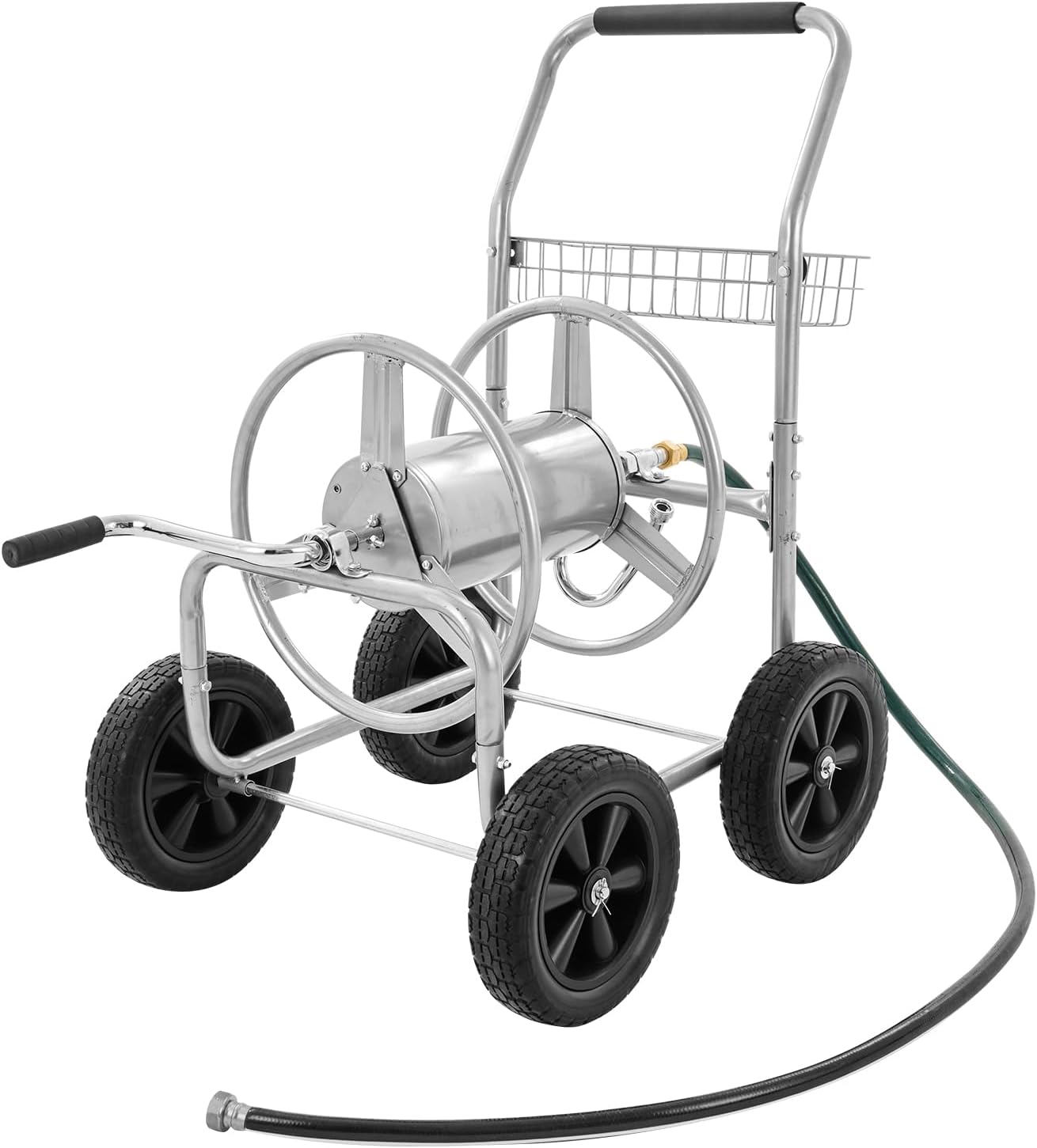 VEVOR Hose Reel Cart, Hold Up to 300 ft of 5/8’’ Hose, Garden Water Hose Carts Mobile Tools with 4 Wheels, Heavy Duty Powder-Coated Steel Outdoor Planting with Storage Basket, for Garden, Yard, Lawn