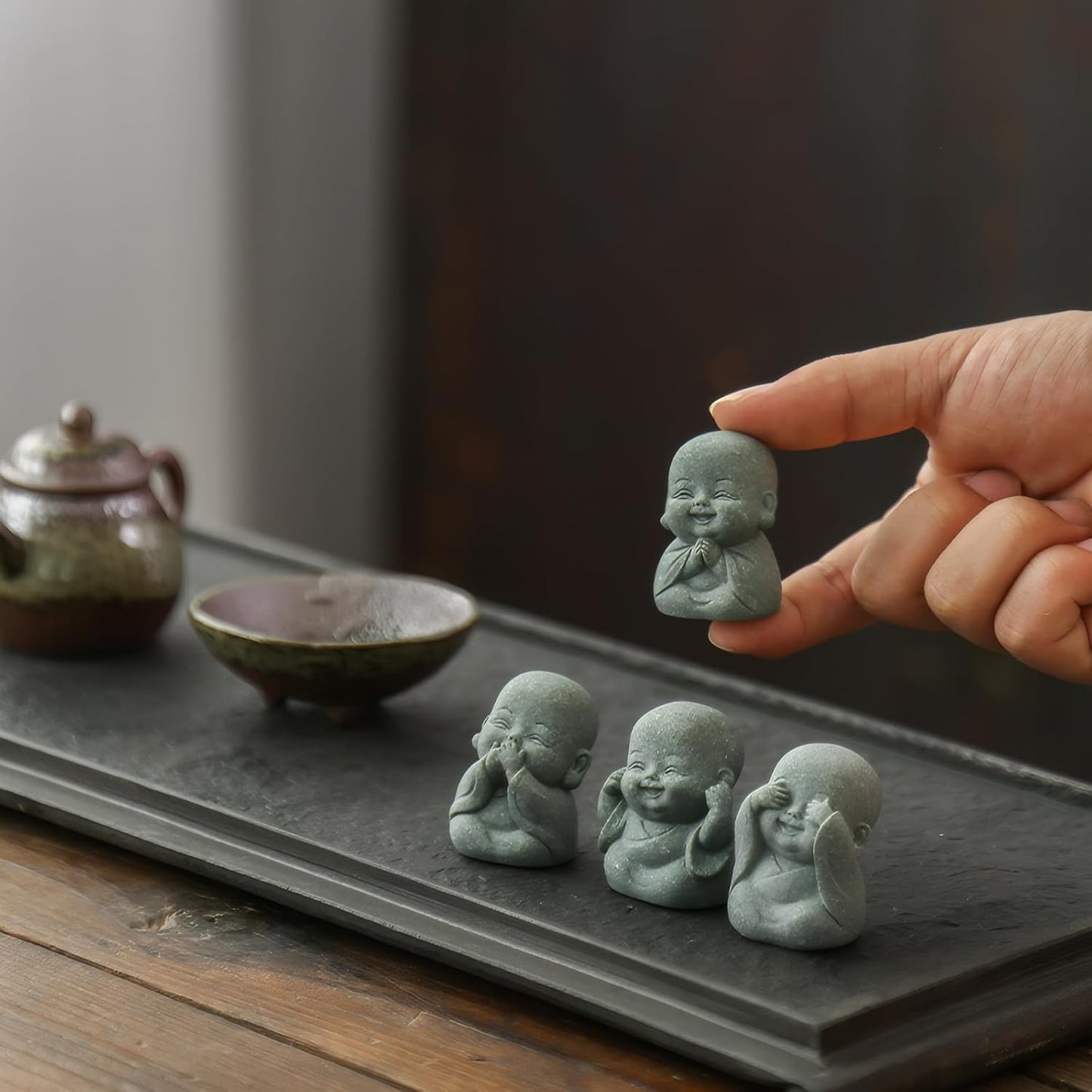 4-in-1 Buddha Statue Set for Spiritual, Feng Shui, Zen and Indoor/Outdoor Decor - Cute Buddha Statue for Home, Aquarium and Asian Garden Decor. with Amulet