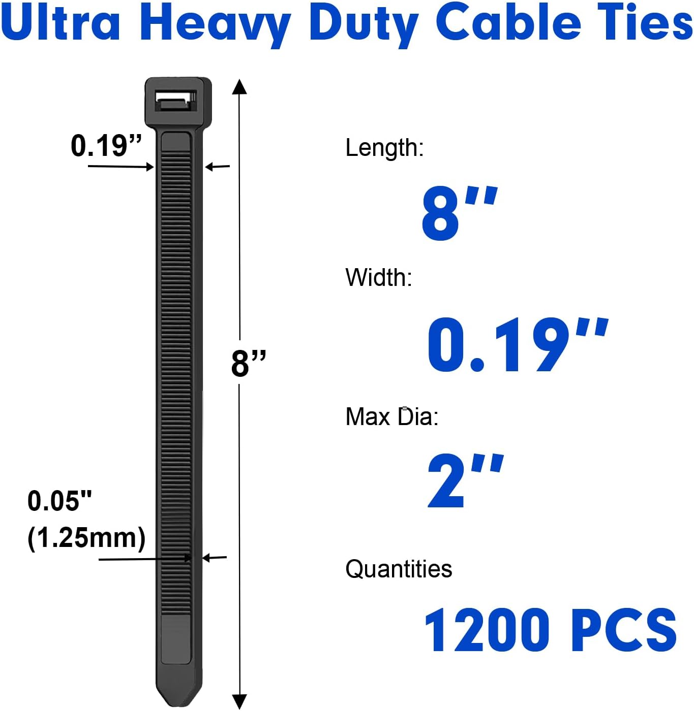 Zip Ties, RAZCC 1200pcs Black Cable Zip Ties 8 Inch, Heavy Duty Plastic Wire Ties with 50lb Tensile Strength, Self-Locking Black Nylon Tie Wraps for Indoor and Outdoor
