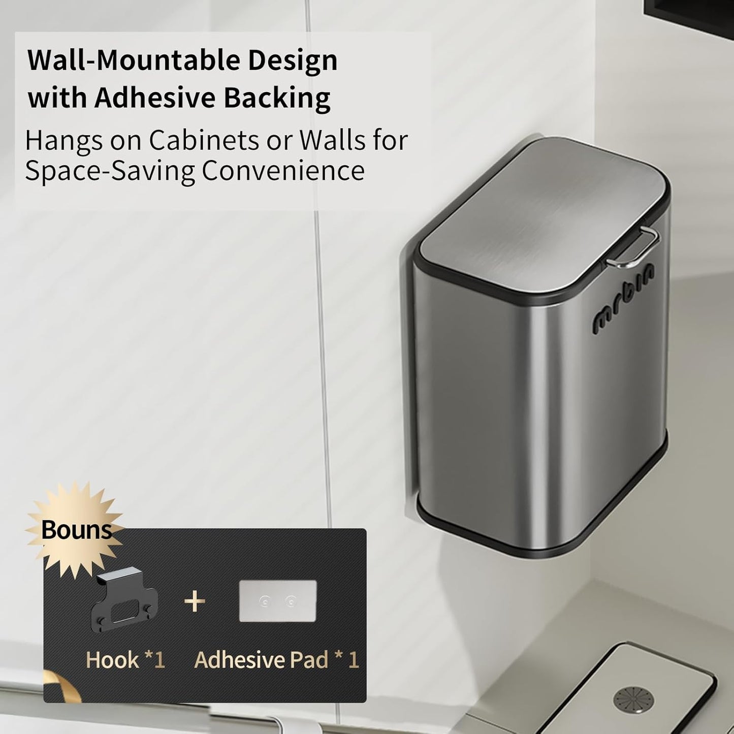 MRBIN Kitchen Stainless Steel Compost Bin with Lid Countertop, 6l / 1.6gal Small Indoor Hanging Trash Can for Cabinet Door, Small Under Sink Food Scraps Garbage Pail, Eclipse-Grey