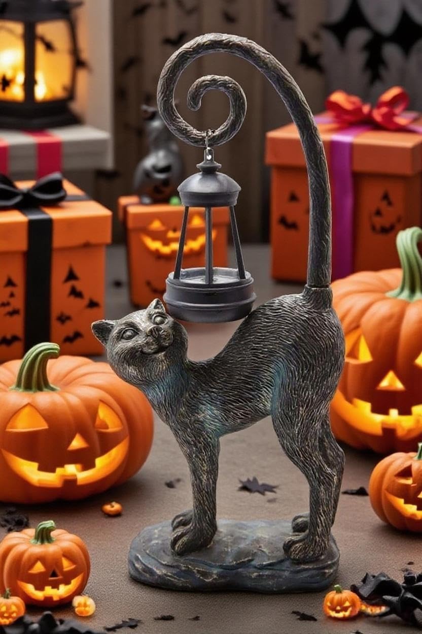 Solar Cat Outdoor Statues Halloween for Garden: Outdoor Decor Cat Figurine for Yard, Lawn, Patio, Porch, Balcony - Animal Art for Home Backyard - Birthday Gifts for Women Grandma Mom Sister