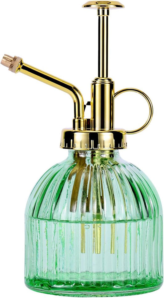 Glass Plant Mister Spray Bottle, 6.5" Green Glass Water Spray Bottle with Gold Top Pump Small Watering Can, Small Plant Sprayer Mister for Indoor Outdoor House (Green+Gold A)