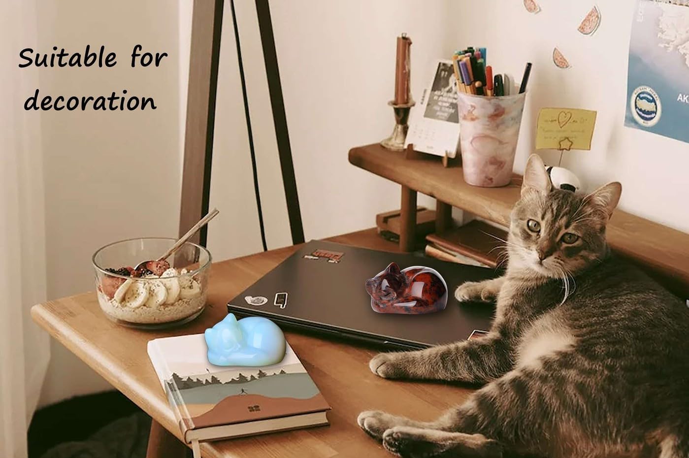 LAIDANLA Sleeping Cat Statue Red Obsidian Healing Gemstone Hand Carved Cute Kitten Statue Figurine 1.6" Decor Polished Stone Reiki Bedroom Office Desk Home Decoration Gifts