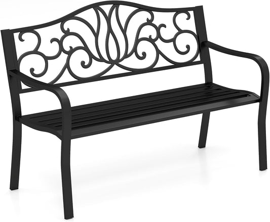 Tangkula 50 Inches Outdoor Garden Park Bench, Cast Iron Metal Front Porch Loveseat with Floral Design Backrest and Slatted Seat, Patio Bench with Armrests for Outside, Yard and Lawn, Black