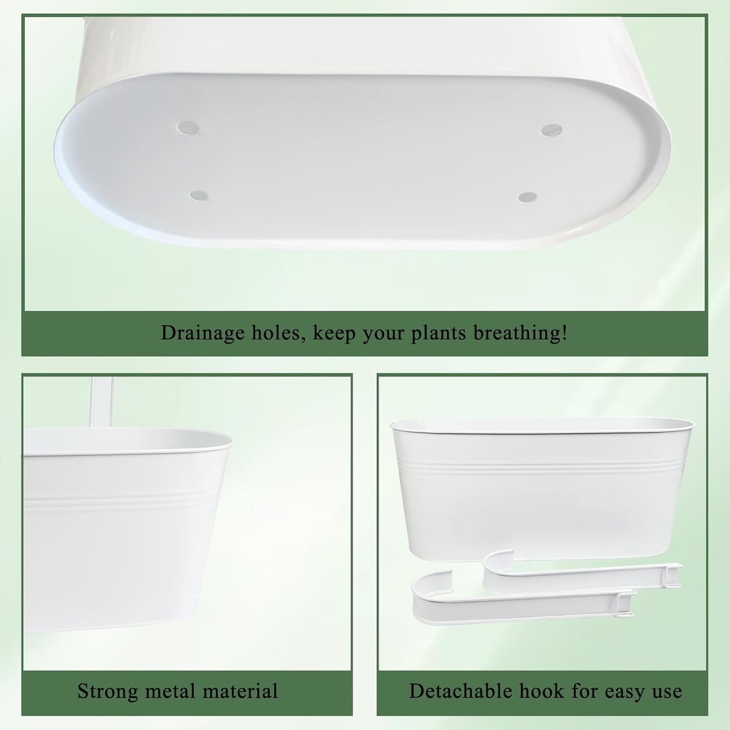 Hanging Planters for Outdoor Plants, 17" Railing Planter Pots, Metal Fence Flower Pot for Porch Balcony with Detachable Hook (White, Pack of 8)