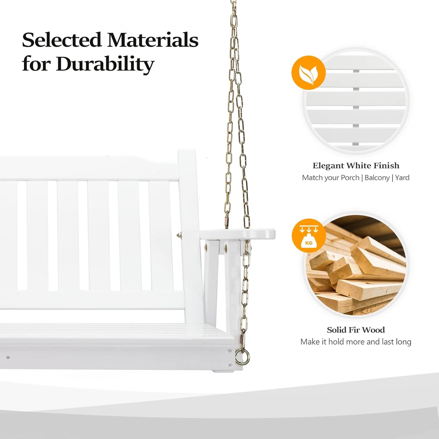 VINGLI Heavy Duty 880 LBS 4 FT Outdoor Porch Swing, Patio Hanging Swing Bench for Yard, White