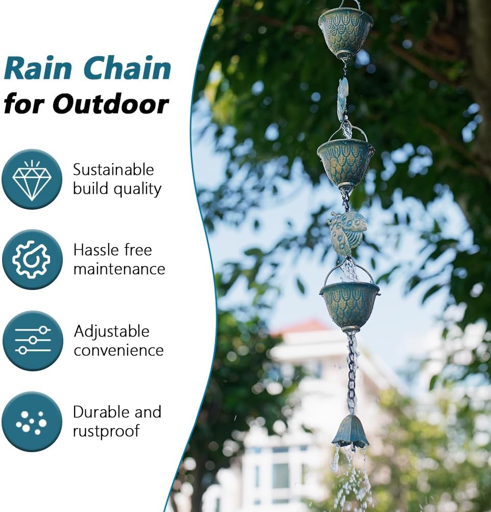 9.2 FT Rain Chain, Metal Rain Gutter Chains with 12 Cups & Detachable Ladybugs Decor, Adjustable Rain Catcher Chain with Bell for Outddor Decor, Replacement for Downspout