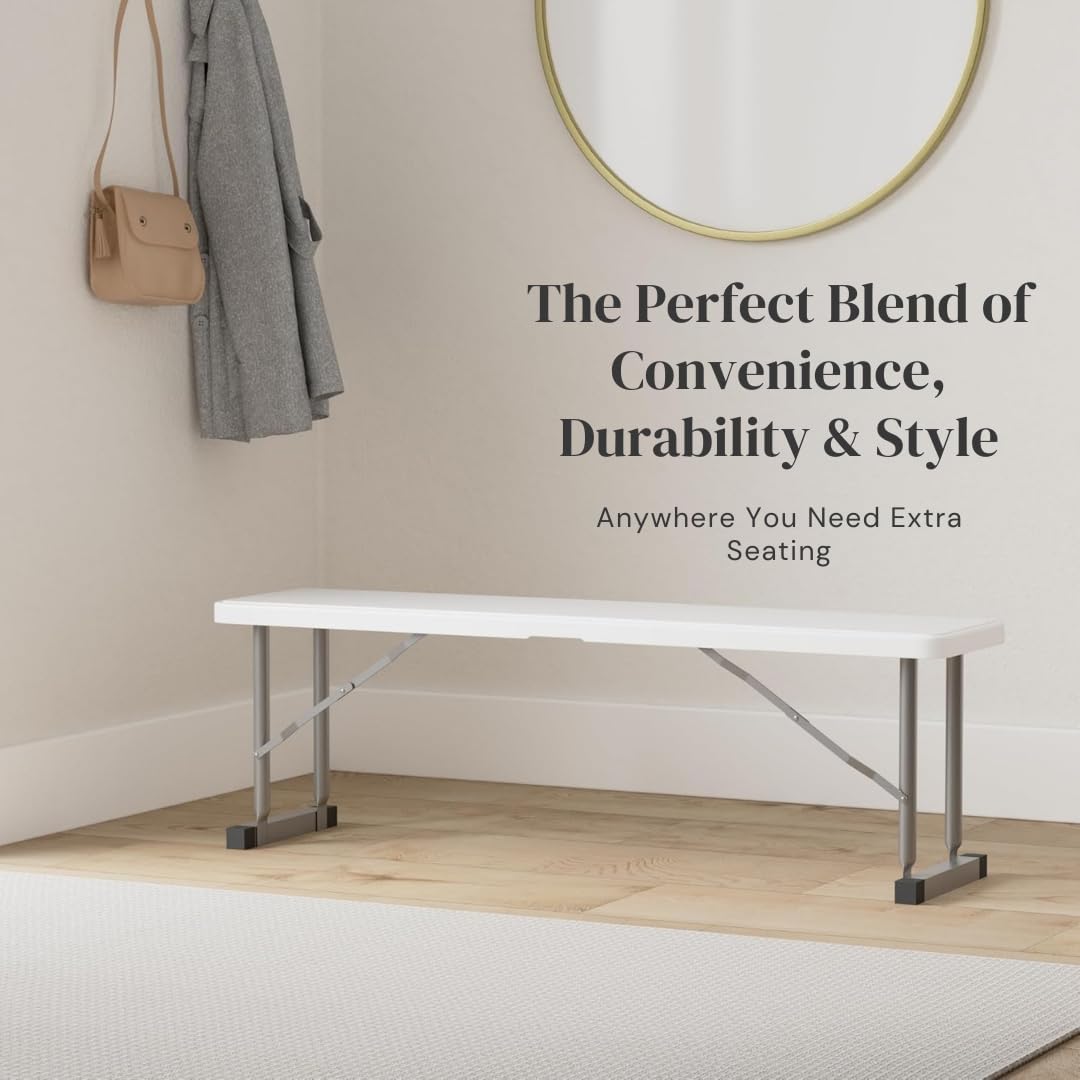 2.75ft Plastic Folding Bench – Lightweight and Portable White Resin with Durable Steel Frame, 33”x8”x16” - (Pack of 2, White, 2.75 Feet)