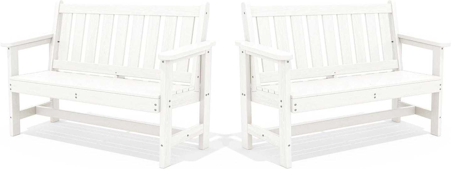 SERWALL Outdoor Bench, HDPE Outdoor Benches Weatherproof, 2-Person Garden Bench with 660 lbs Weight Capacity, Patio Benches for Outdoors, Garden, Porch, Backyard and Park, White, 2 Pack