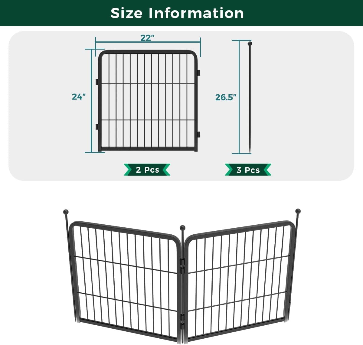 FXW Garden Fence Outdoor for The Yard – 24in(H) x 3.8ft(L) Heavy Duty Metal Animal Barrier for Dog and Rabbit, Decorative Dog Fence, 2 Panels, Black