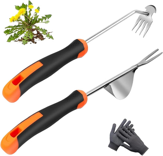 Weed Puller Tool， New Garden Weeder Tool Stainless Steel Hand Weeder Tool,4 Teethes Dual Purpose Weed Remover Tool Weeding Tools for Gardening(2PCS)