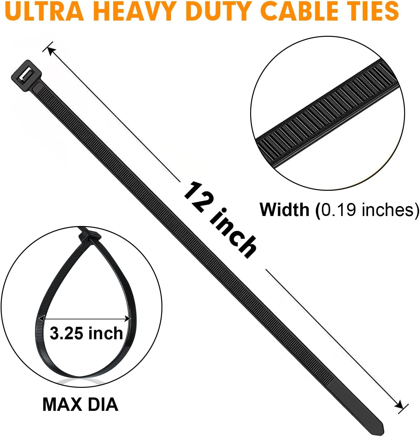 1200pcs Black Cable Zip Ties 12 Inch, Heavy Duty Plastic Nylon Tie Wraps with 50lb Tensile Strength for Indoor & Outdoor
