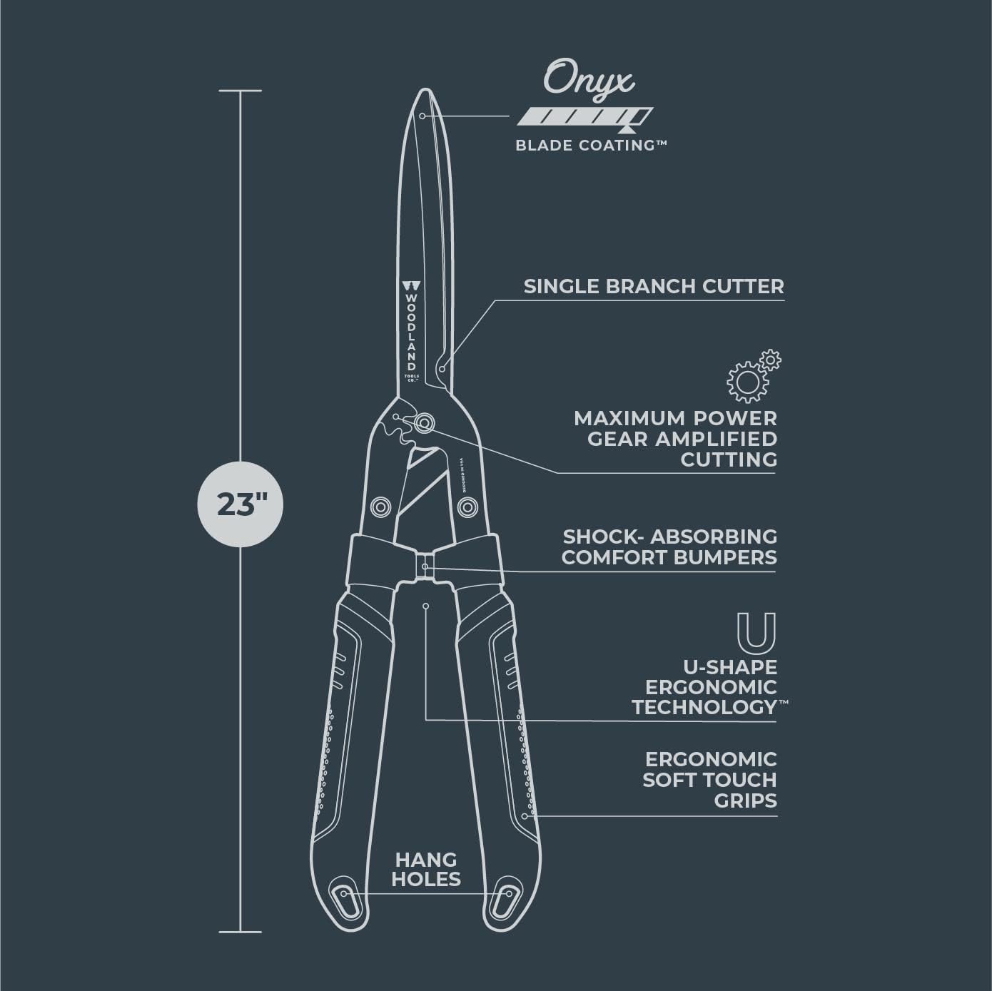 Woodland Tools Super Duty Hedge Shears, 23 Inch Manual Hedge Clippers with 10 Inch Gear-Assist Blades, Power Notch, and Non Stick Coating, Heavy Duty Trimmer for Thick Shrubs and Hedges