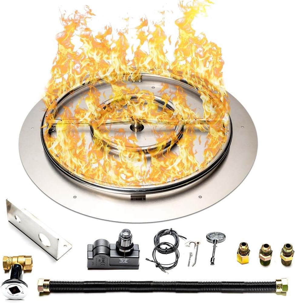 Stainless Steel Fire Pit Burner Pan & Ring Standard Kit with Spark Ignition for Natural Gas, 22-Inch Pan, 18-Inch Ring, 150,000 BTU Max
