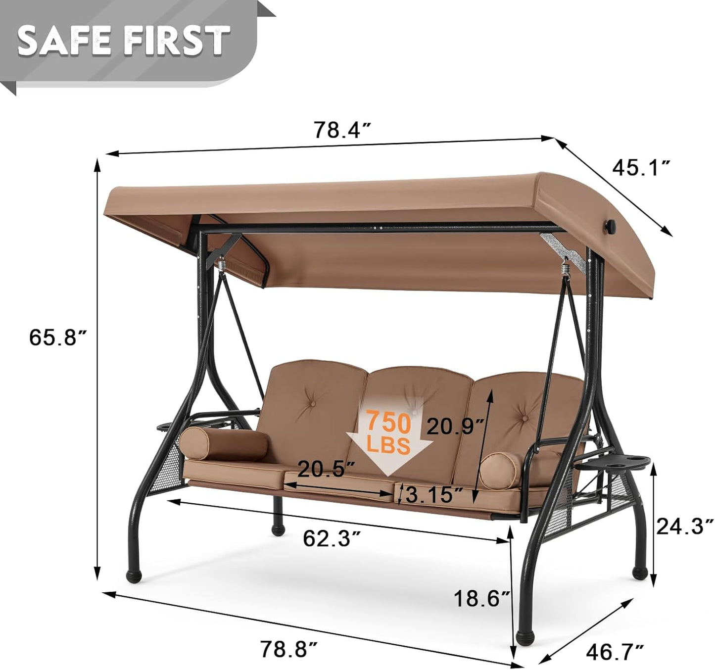 HOMREST 3 Seat Outdoor Porch Swing with Adjustable Canopy, Convertible Patio Swing Bed with Stand, Patio Glider Swing with Upgraded Cup Holder, Thicken Cushions ＆ Pillow for Backyard (Brown)