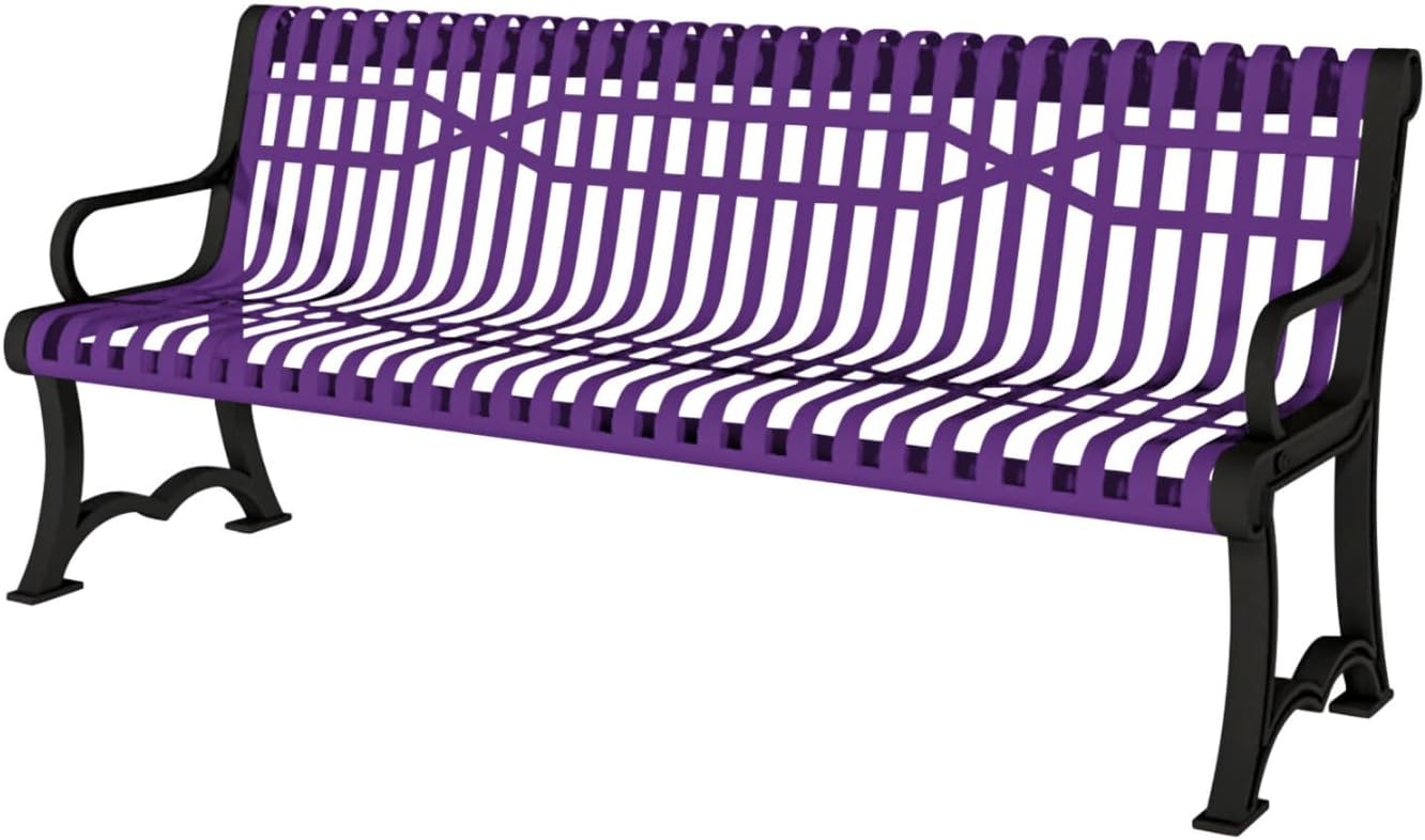 Coated Outdoor Furniture Heavy-Duty Outdoor Bench Thermoplastic Coated, Slatted Steel, Commercial-Grade Garden Bench, Made in America (Portable with Back, 4 Ft, Purple)