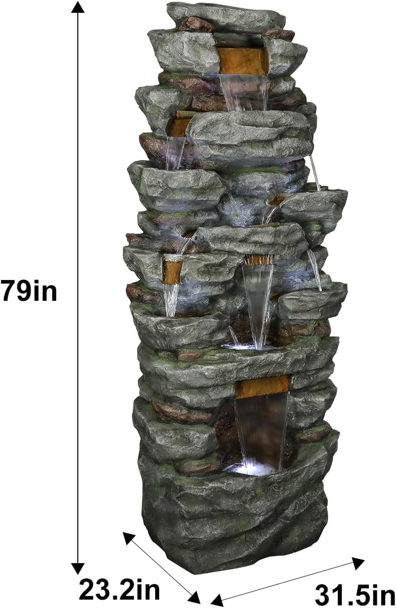 SunJet 79" High Multi-Tiers Cascading Rock Outdoor Water Fountain with LED Lights - Large Outdoor Fountains and Waterfalls for Garden or Patio, Yard, and Deck Decor, Featuring Natural Stone Look