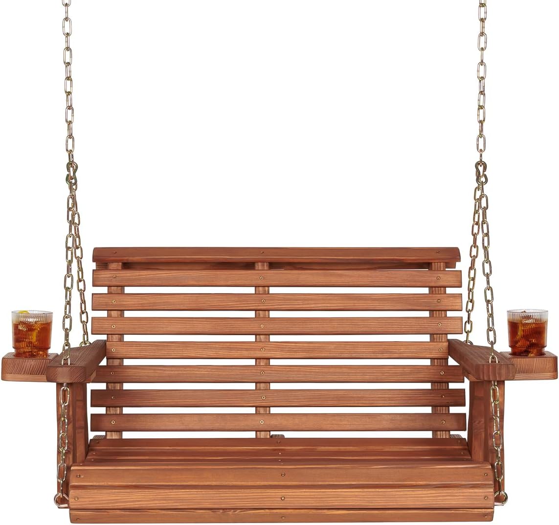 Amish Casual 3 Foot Roll Back Porch Swing with Cup Holders in Cedar Stain - Amish Made in The USA from Treated Pine Heavy Duty 700 Lb. Weight Capacity
