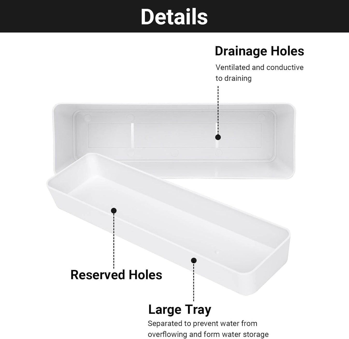 GREANER 16x3.8 Inch Window Boxes Planters, 1PCS White Vegetable Herb Planters with Tray, Indoor Succulent Cactus Flowers Plastic Rectangle Pot for Balcony, Office, Garden, Outdoor, Windowsill