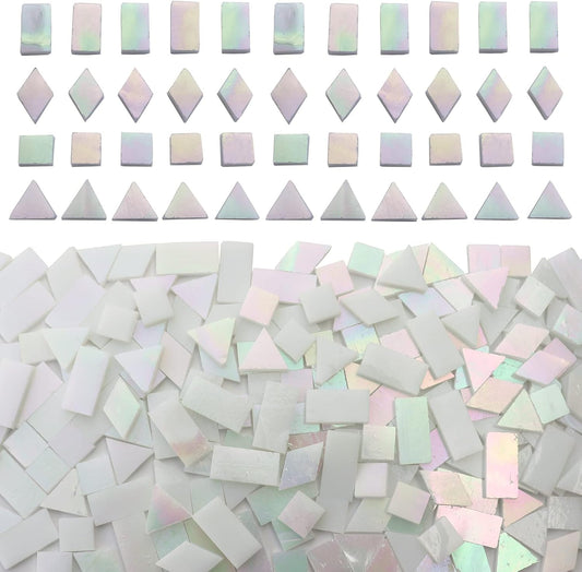 Iridescent White Glass Mosaic Tiles for Crafts, 280 Pcs Mixed 4 Shapes Stained Glass Sheets, Mosaic Kit for Adults Kids, Supplies for Mosaics