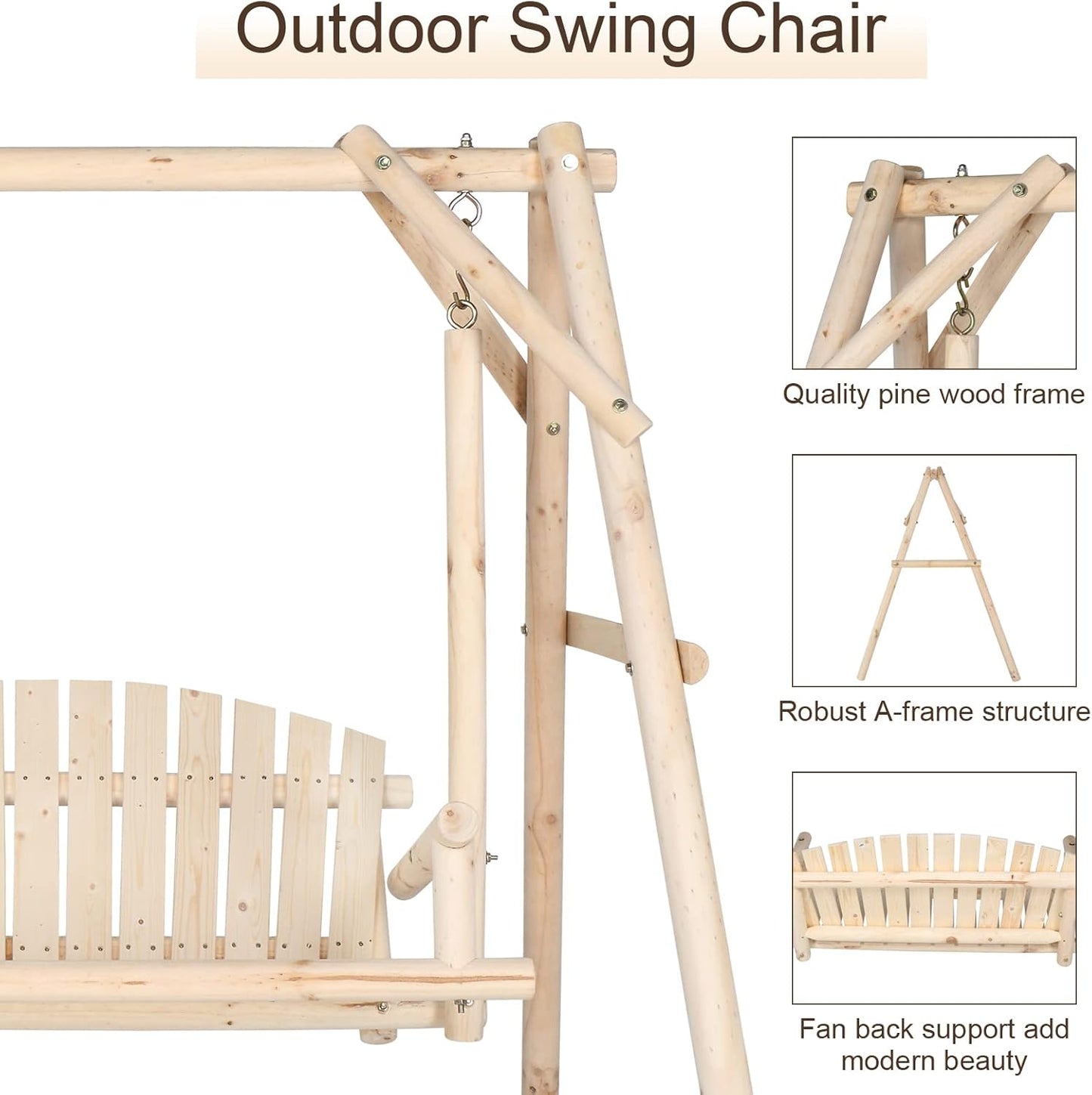 VINGLI Heavy Duty 880 LBS Wooden Patio Porch Swing with A-Frame Stand, Hanging Swing Bench Chair with Frame for Outside, Yard, Garden (Natural)