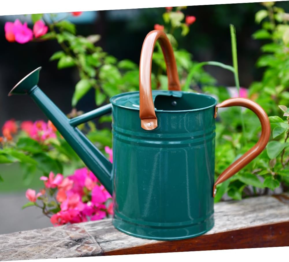 Steel Watering Can Sliver Galvanized Steel Watering Can with Copper Accents,Removable Rosette-Diffuser,One-Gallon Green