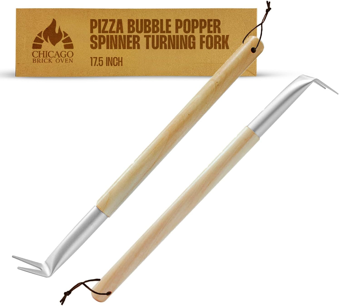 Pizza Bubble Popper Spinner Turning Fork Aluminum 17.5 inch with Wooden Handle and Leather Strap (2-Pack), Pizza Turner Peel - Outdoor Pizza Oven Accessories