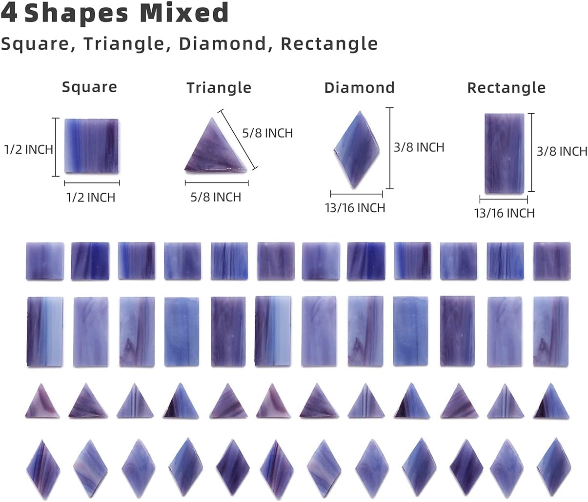 Lanyani Glass Mosaic Tiles for Art Crafts, 4 Shapes Mixed Colorful Glass Tiles Tiffany Stained Glass Pieces, 200 Pieces, Square/Rectangle/Diamond/Triangle,Blue Purple